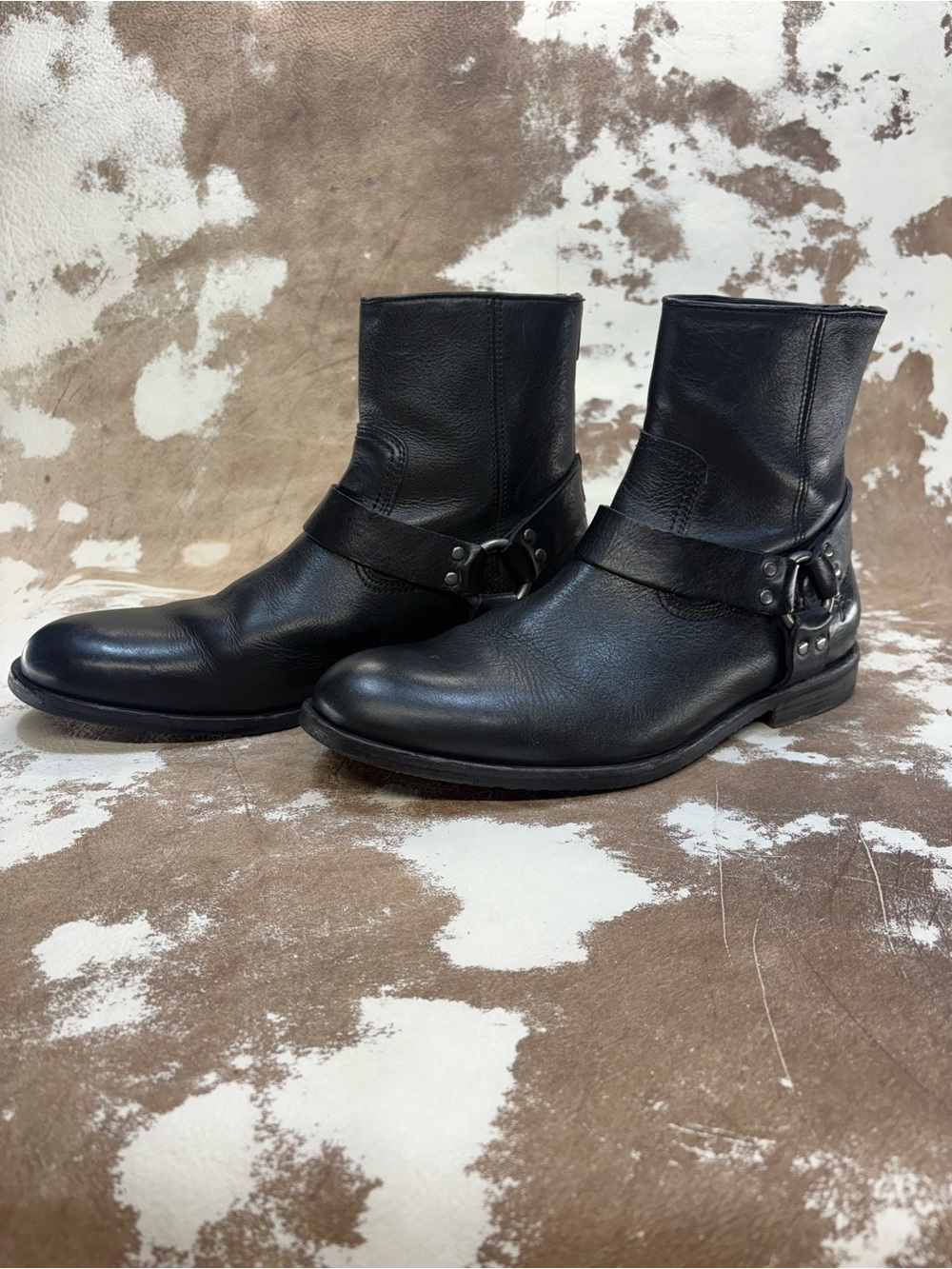 Frye Black Leather Harness Ankle Boots